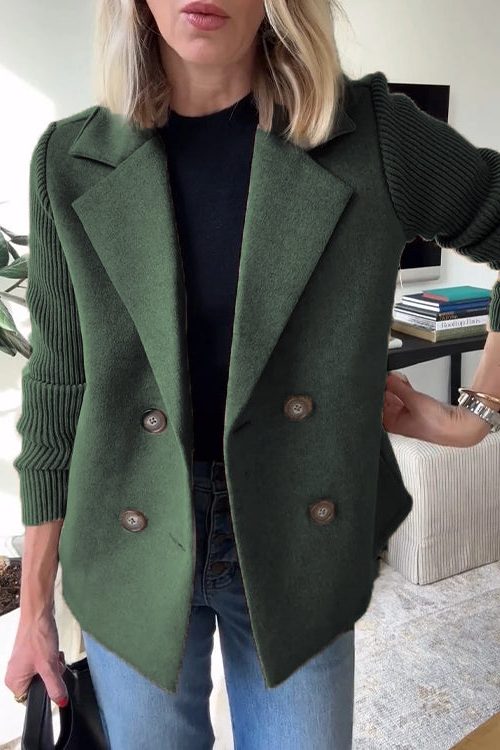 Camille | Double-Breasted Wool-Blend Blazer Coat with Ribbed Knit Sleeves for Women