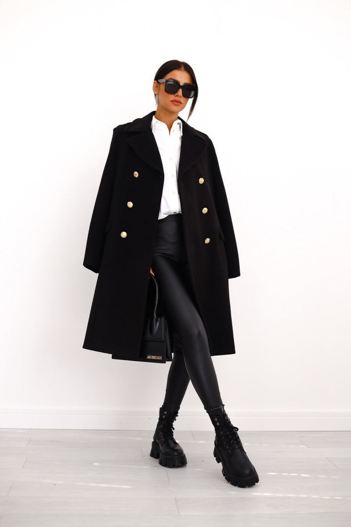 Vivienne | Double-Breasted Wool-Blend Long Coat with Gold Buttons for Women