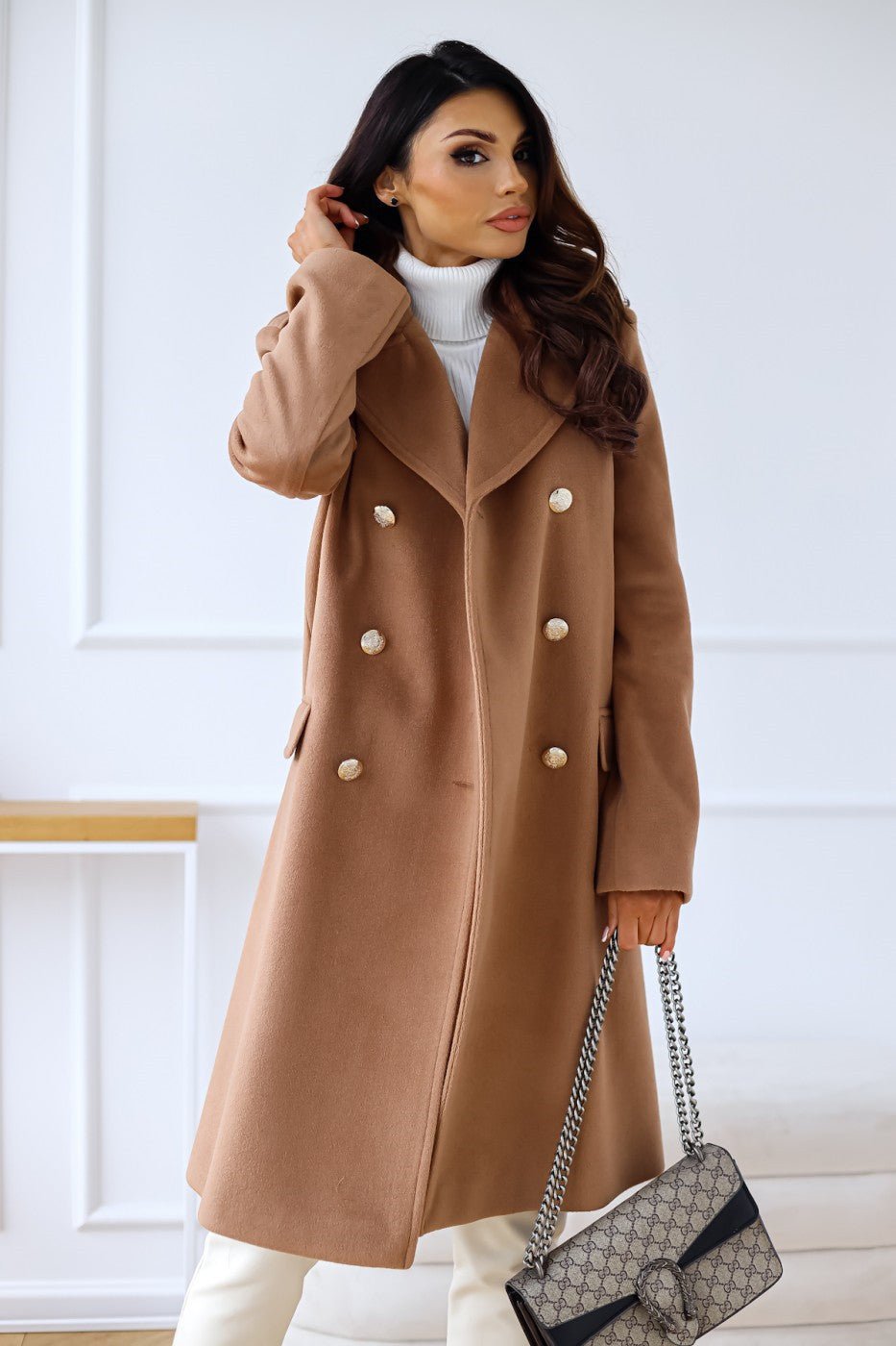 Vivienne | Double-Breasted Wool-Blend Long Coat with Gold Buttons for Women