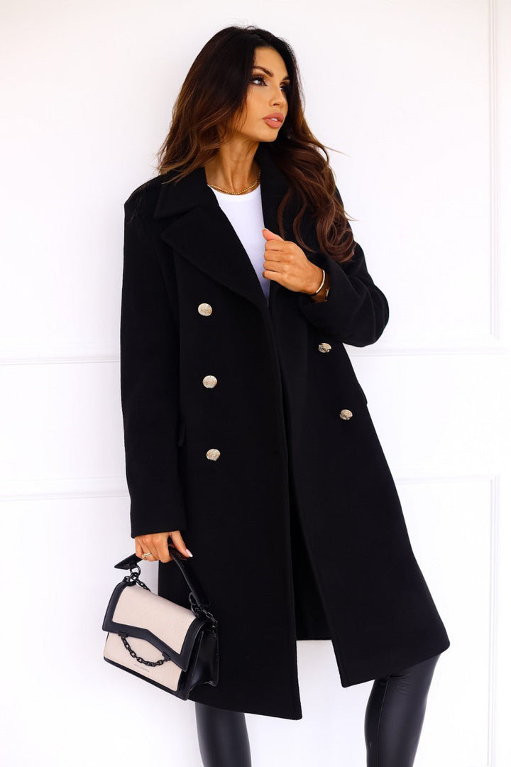 Vivienne | Double-Breasted Wool-Blend Long Coat with Gold Buttons for Women