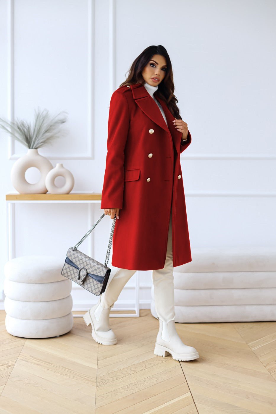 Vivienne | Double-Breasted Wool-Blend Long Coat with Gold Buttons for Women