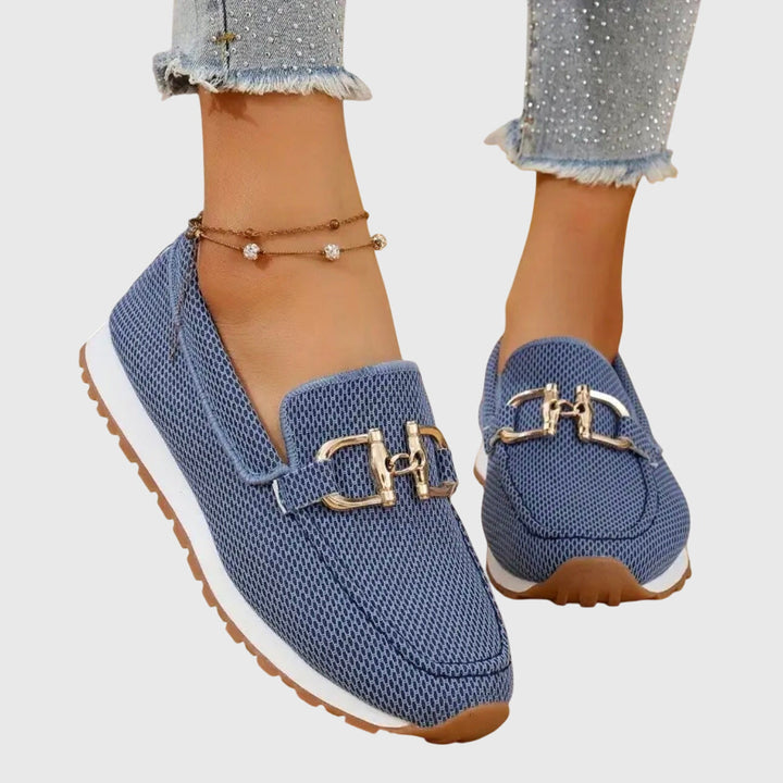 Women's Knit Slip-On Loafer Sneakers with Gold-Tone Buckle Detail