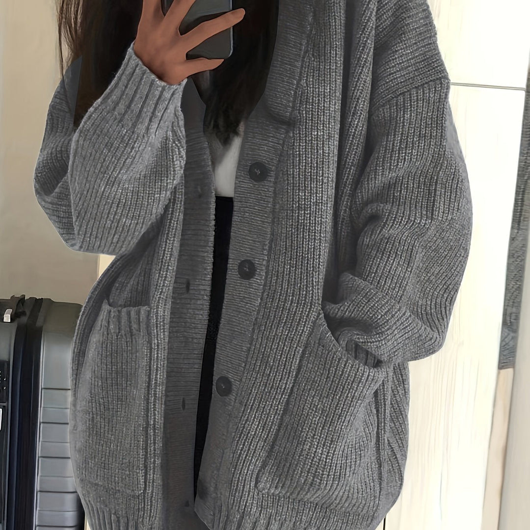 Maisie Relaxed Fit Button-Front Ribbed Knit Cardigan with Front Pockets