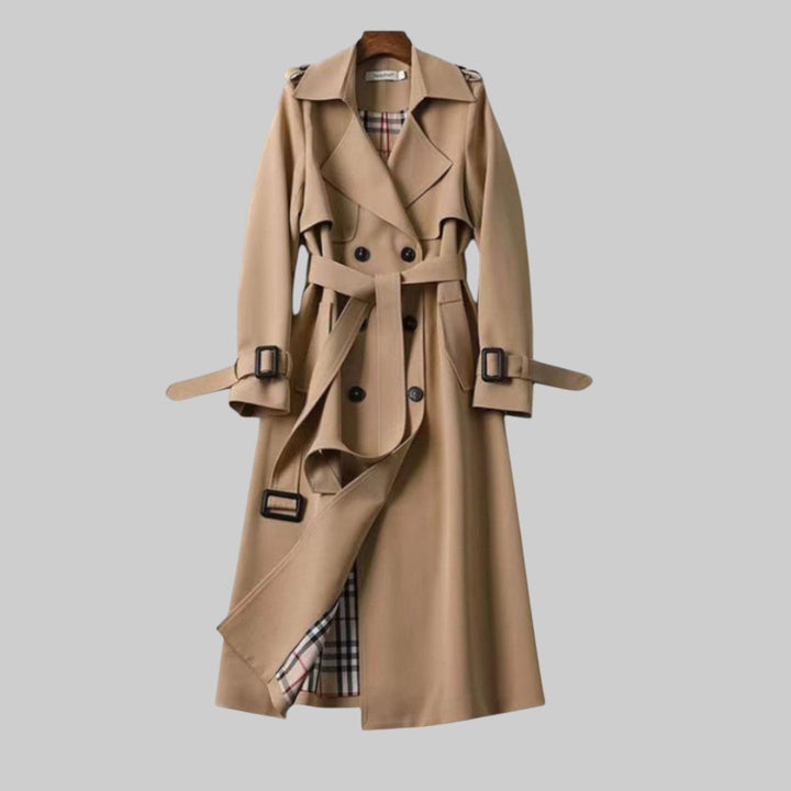 Women's Double-Breasted Belted Trench Coat with Plaid Lining