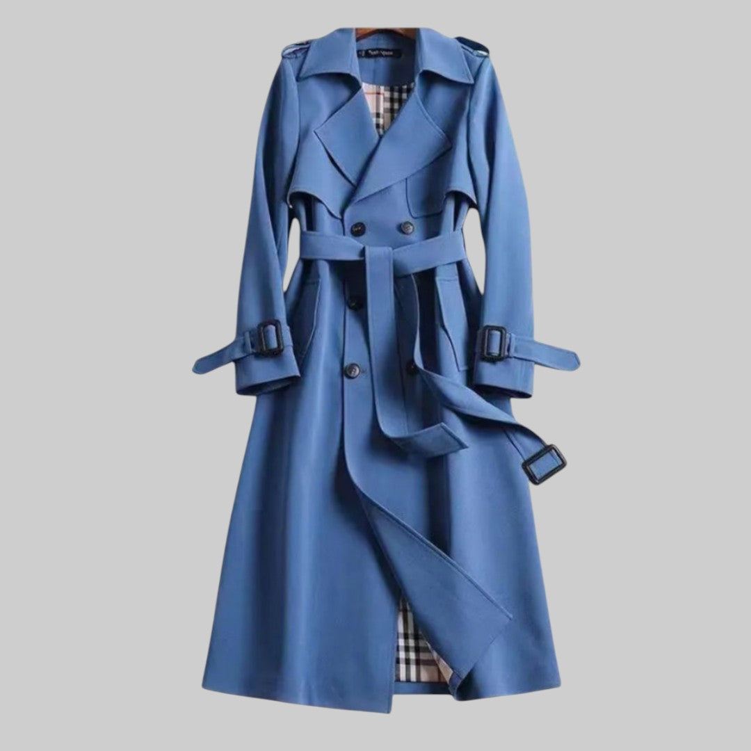 Women's Double-Breasted Belted Trench Coat with Plaid Lining