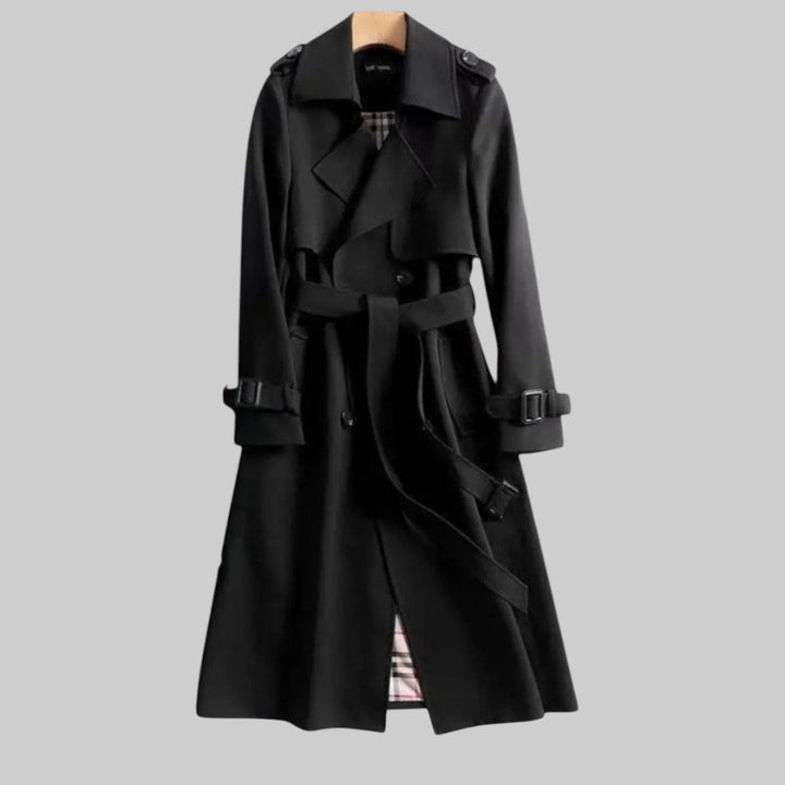 Women's Double-Breasted Belted Trench Coat with Plaid Lining