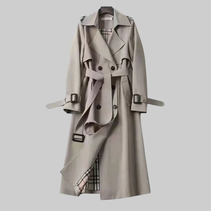 Women's Double-Breasted Belted Trench Coat with Plaid Lining