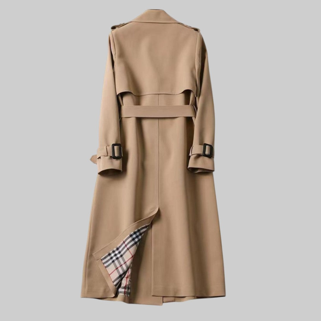 Women's Double-Breasted Belted Trench Coat with Plaid Lining