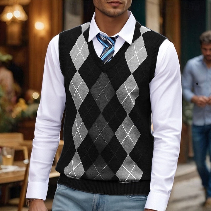 Men's Classic Argyle V-Neck Sweater Vest in Gray, Blue and Mustard