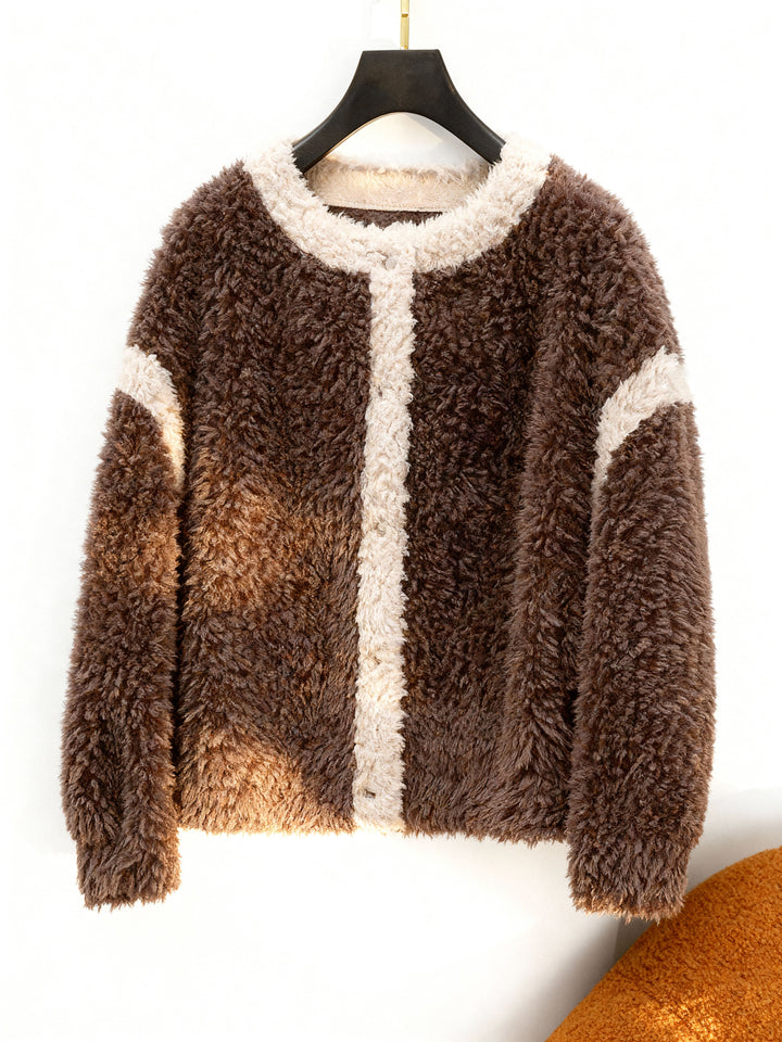 Bellamy Two-Tone Sherpa Fleece Cardigan Jacket with Contrast Trim