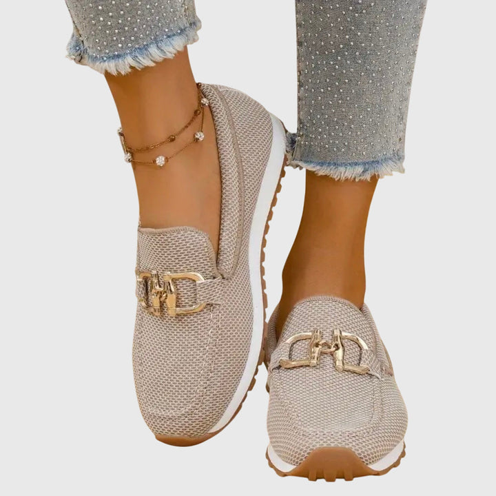 Women's Knit Slip-On Loafer Sneakers with Gold-Tone Buckle Detail