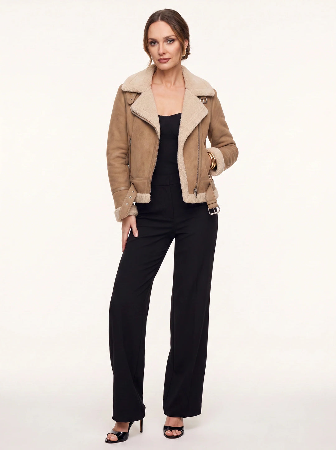 Women's Faux Shearling Aviator Moto Jacket with Belted Hem and Notch Collar