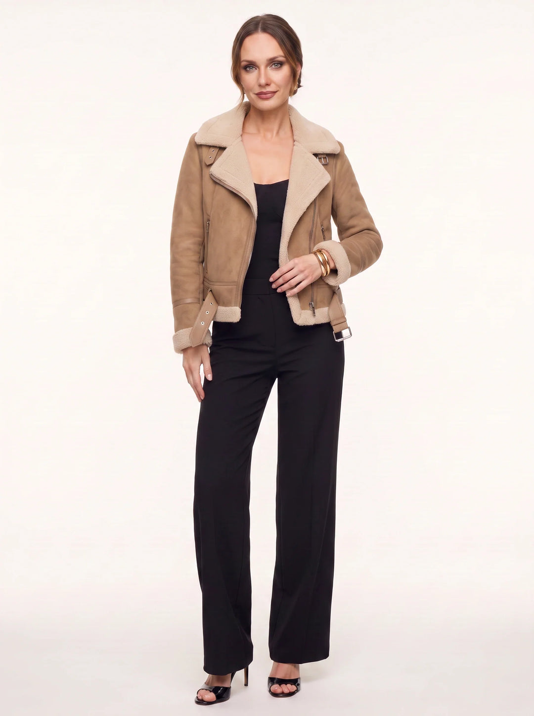 Women's Faux Shearling Aviator Moto Jacket with Belted Hem and Notch Collar