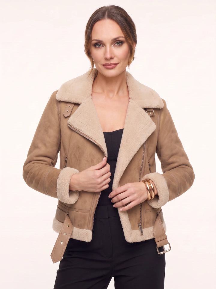Women's Faux Shearling Aviator Moto Jacket with Belted Hem and Notch Collar