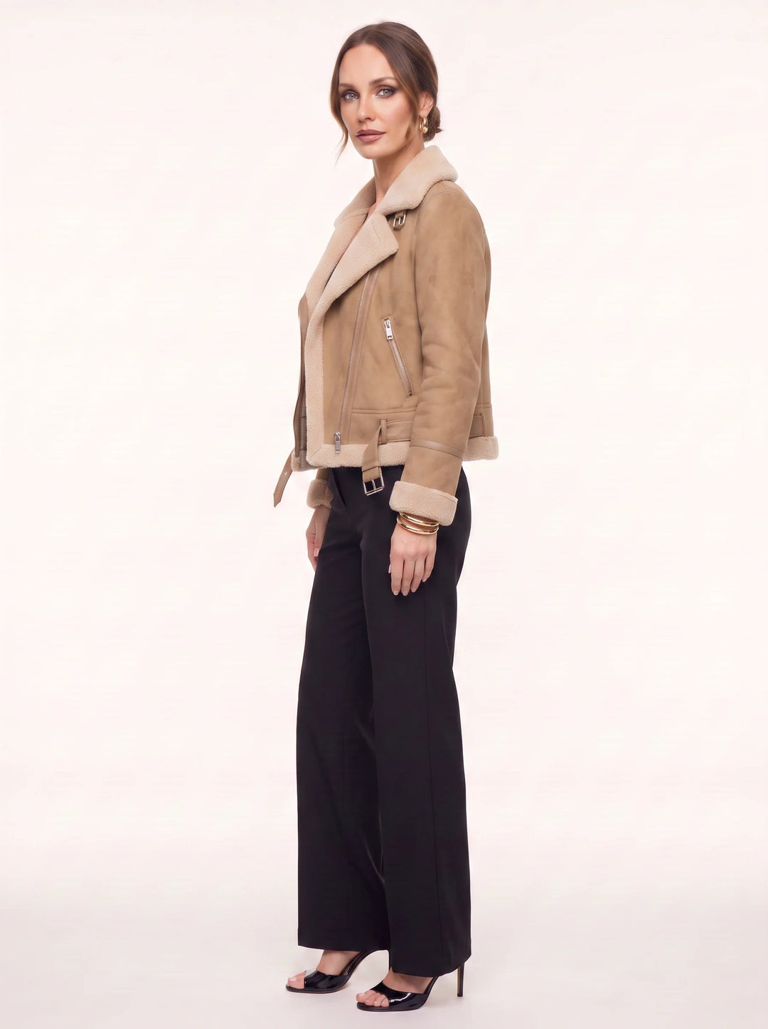 Women's Faux Shearling Aviator Moto Jacket with Belted Hem and Notch Collar