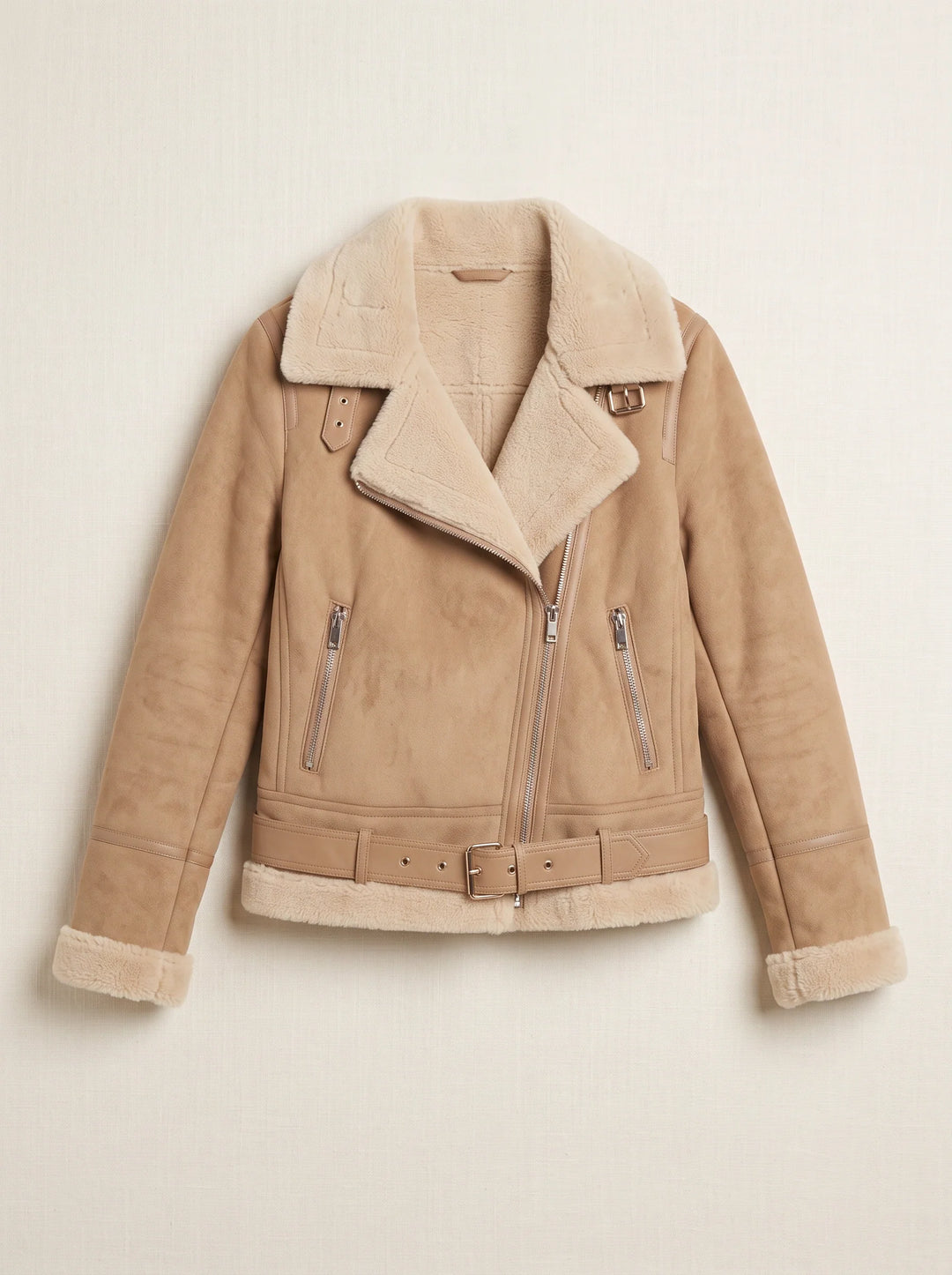 Women's Faux Shearling Aviator Moto Jacket with Belted Hem and Notch Collar