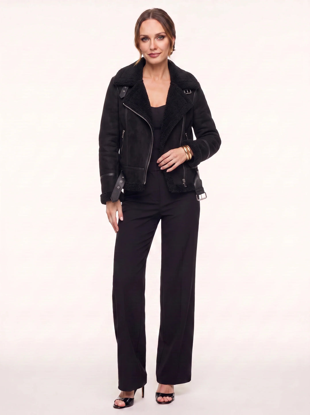 Women's Faux Shearling Aviator Moto Jacket with Belted Hem and Notch Collar