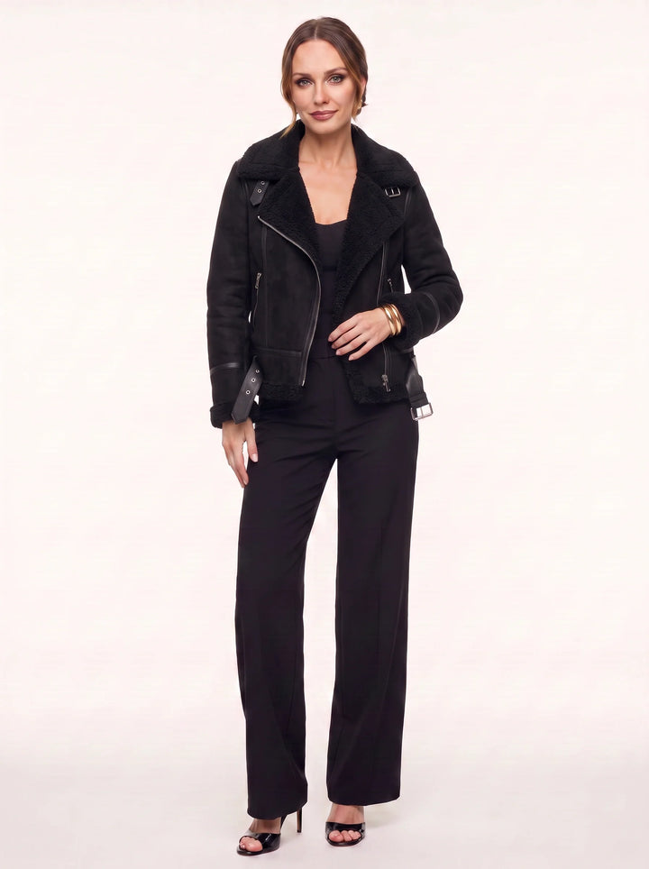 Women's Faux Shearling Aviator Moto Jacket with Belted Hem and Notch Collar