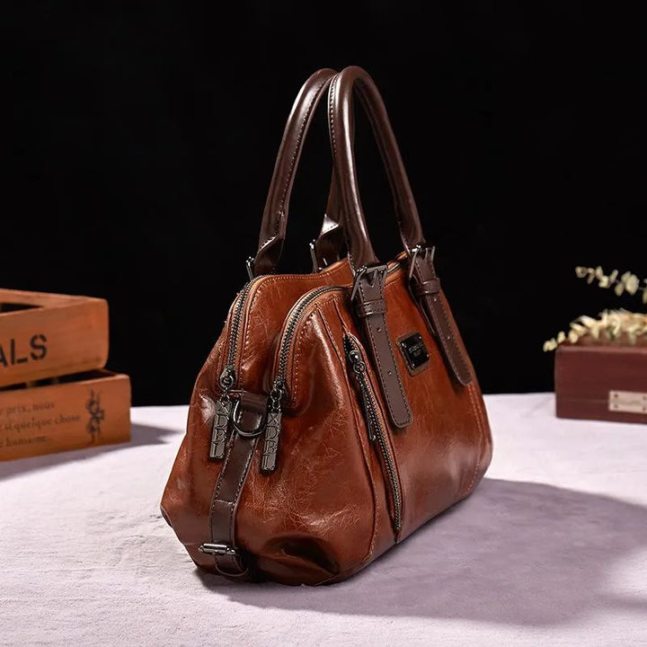 Vintage Style Faux Leather Tote Handbag with Crossbody Strap in Brown