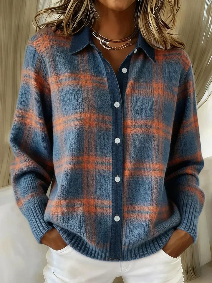 Women's Plaid Button-Front Knit Cardigan in Blue and Orange
