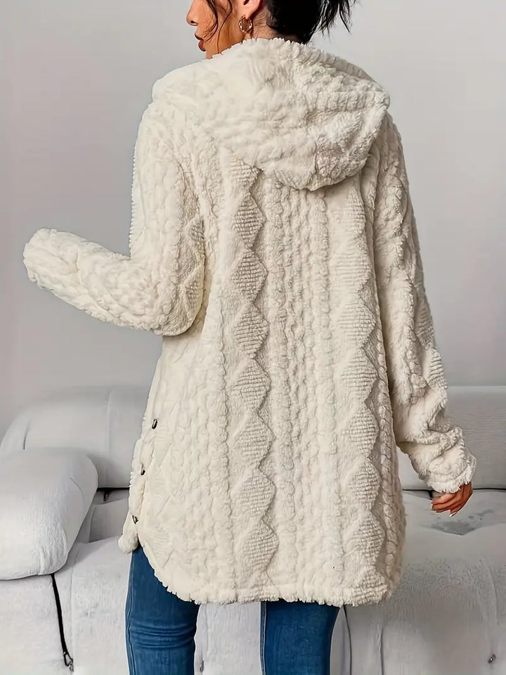 Plush Hooded Cardigan with Cable Texture and Button Front in Cream