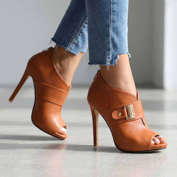 Alyssa Women's Open Toe Stiletto Ankle Bootie with Buckle Strap in Tan