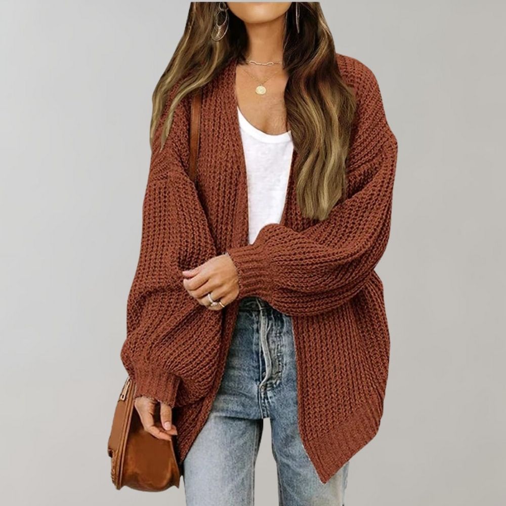 Women's Open Front Chunky Knit Cardigan with Balloon Sleeves
