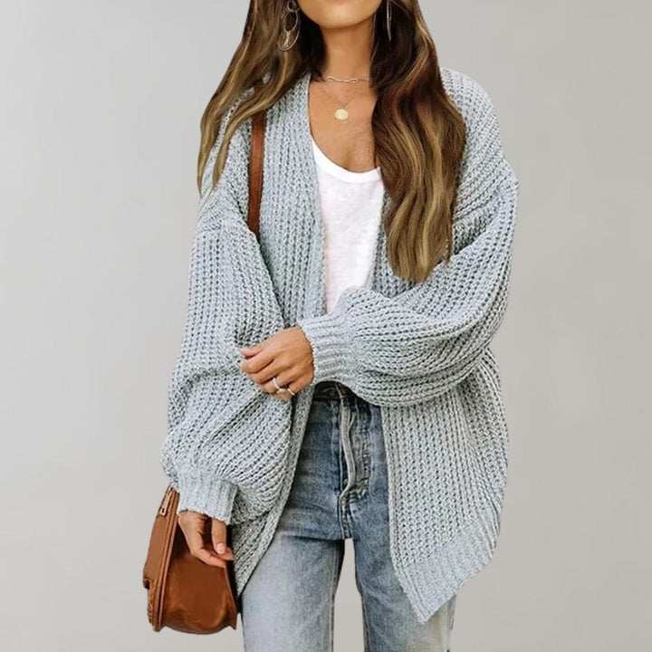 Women's Open Front Chunky Knit Cardigan with Balloon Sleeves