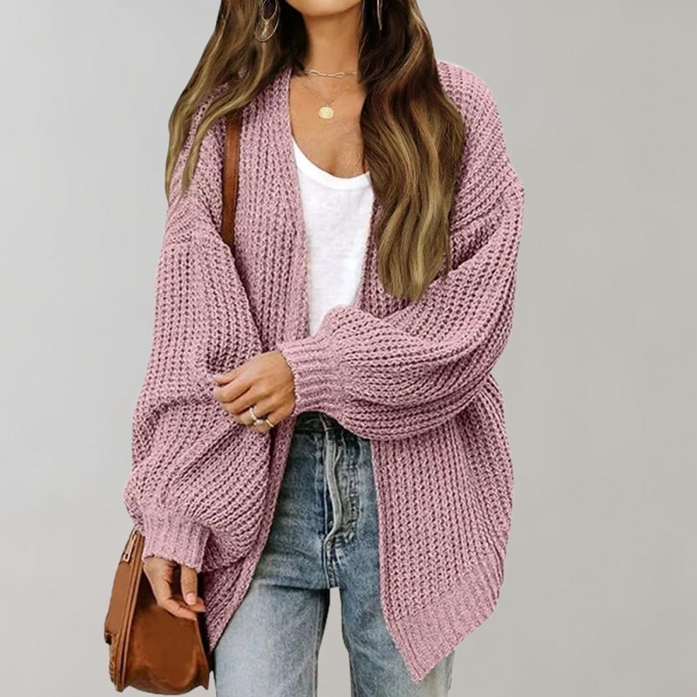 Women's Open Front Chunky Knit Cardigan with Balloon Sleeves