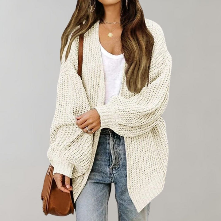 Women's Open Front Chunky Knit Cardigan with Balloon Sleeves
