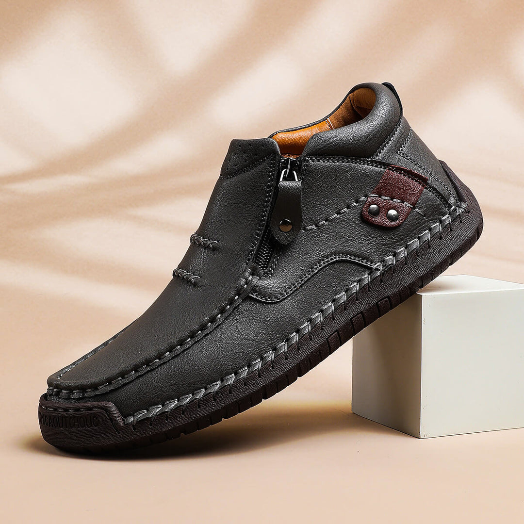 Langford Men's Leather Casual Shoe with Side Zip and Hand-Stitched Detail