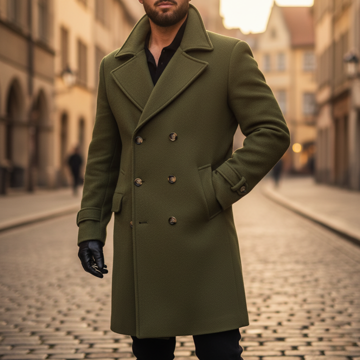 Men's Navy Blue Double-Breasted Wool Blend Overcoat with Notch Lapels