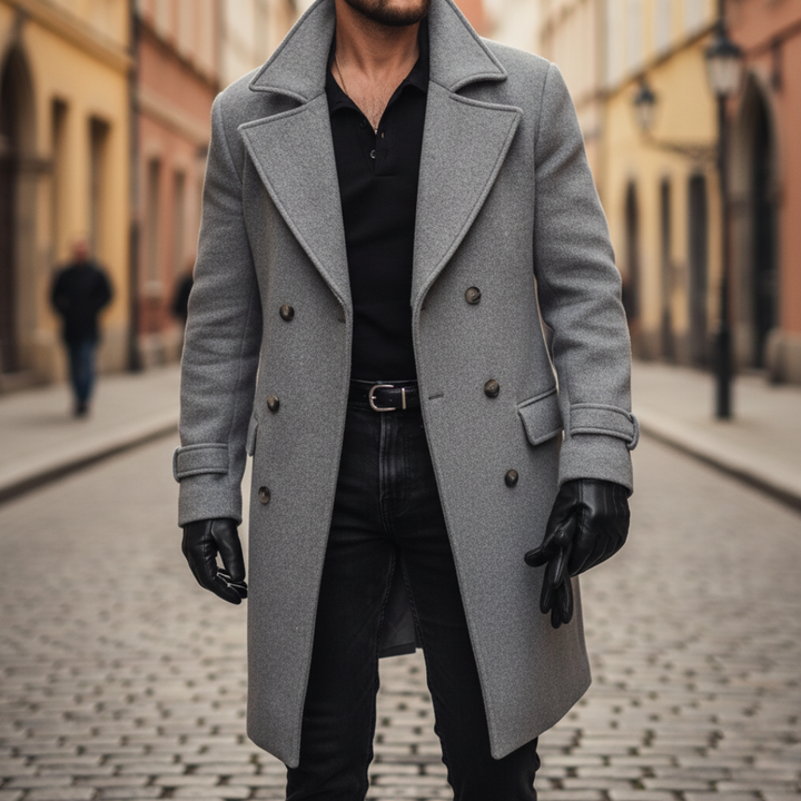 Men's Navy Blue Double-Breasted Wool Blend Overcoat with Notch Lapels