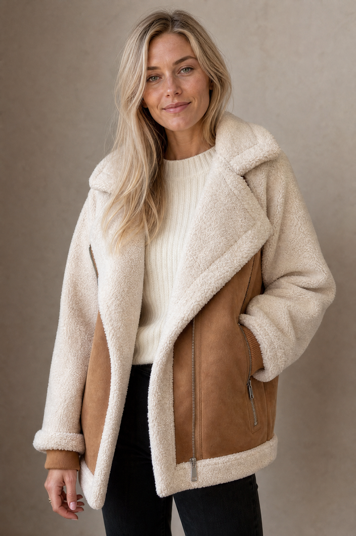 Adeline Women's Faux Shearling Moto Jacket with Zip Pockets and Turn-Down Collar