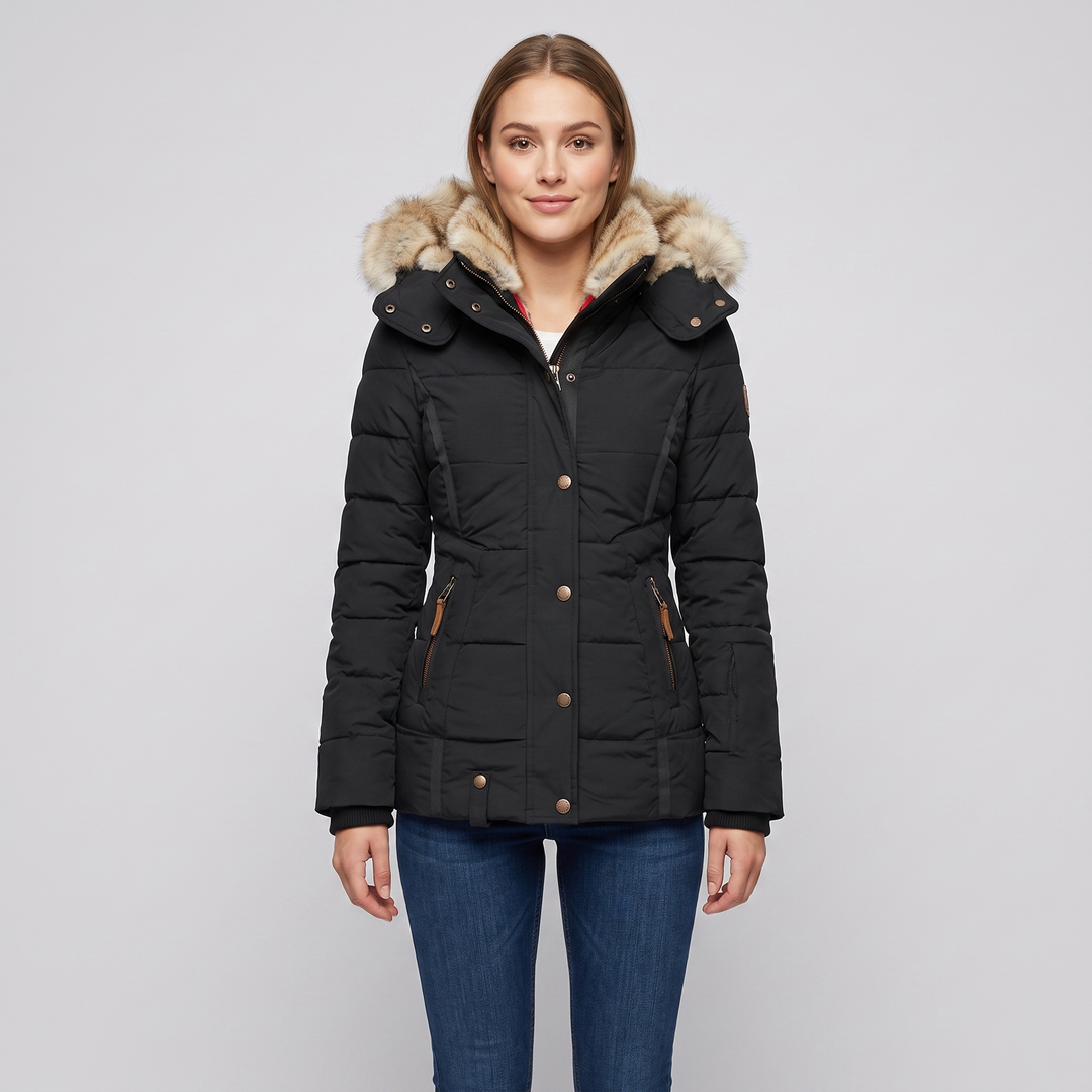Women's Slim Fit Padded Puffer Jacket with Faux Fur Lined Hood and Water Repellent Fabric