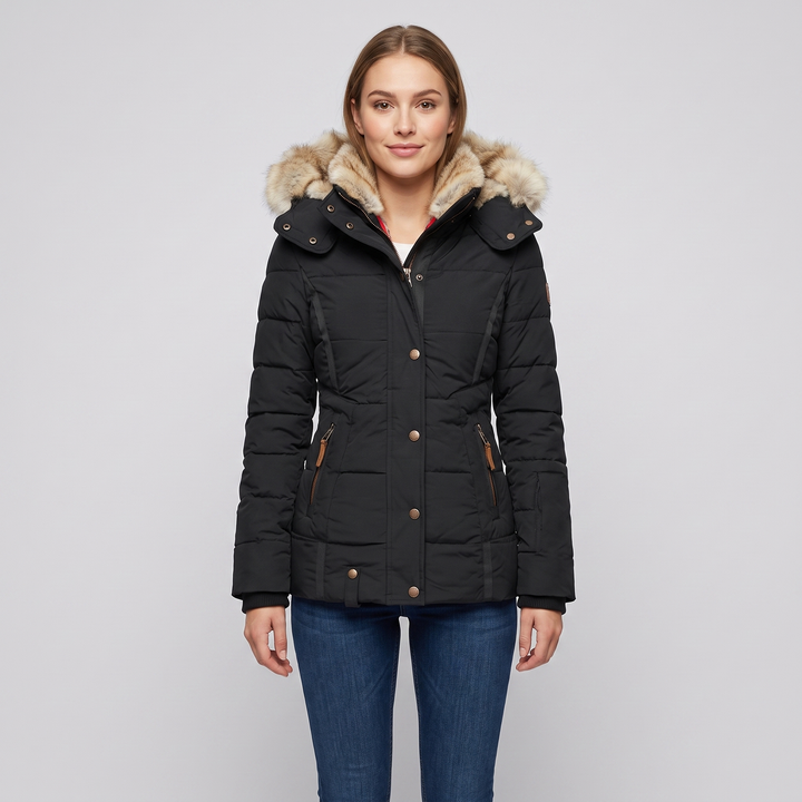 Women's Slim Fit Padded Puffer Jacket with Faux Fur Lined Hood and Water Repellent Fabric