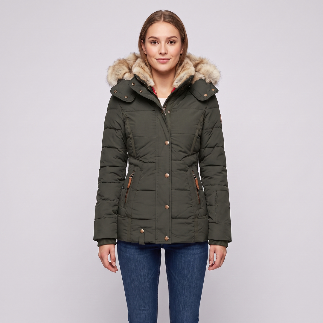 Women's Slim Fit Padded Puffer Jacket with Faux Fur Lined Hood and Water Repellent Fabric