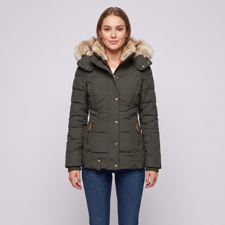 Women's Slim Fit Padded Puffer Jacket with Faux Fur Lined Hood and Water Repellent Fabric