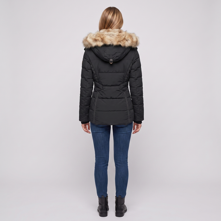 Women's Slim Fit Padded Puffer Jacket with Faux Fur Lined Hood and Water Repellent Fabric