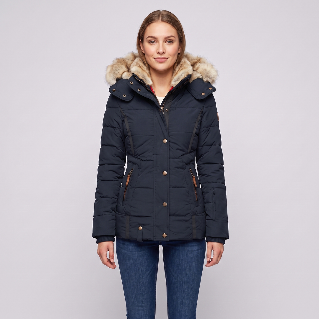 Women's Slim Fit Padded Puffer Jacket with Faux Fur Lined Hood and Water Repellent Fabric