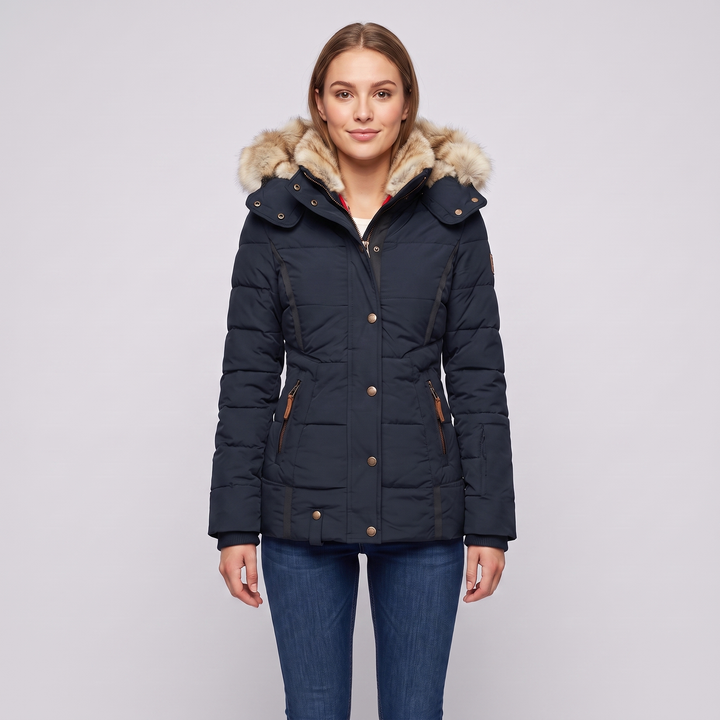 Women's Slim Fit Padded Puffer Jacket with Faux Fur Lined Hood and Water Repellent Fabric