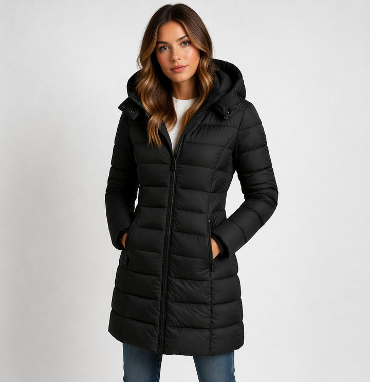 Women's Longline Quilted Hooded Puffer Coat with Zip Front and Hip Pockets