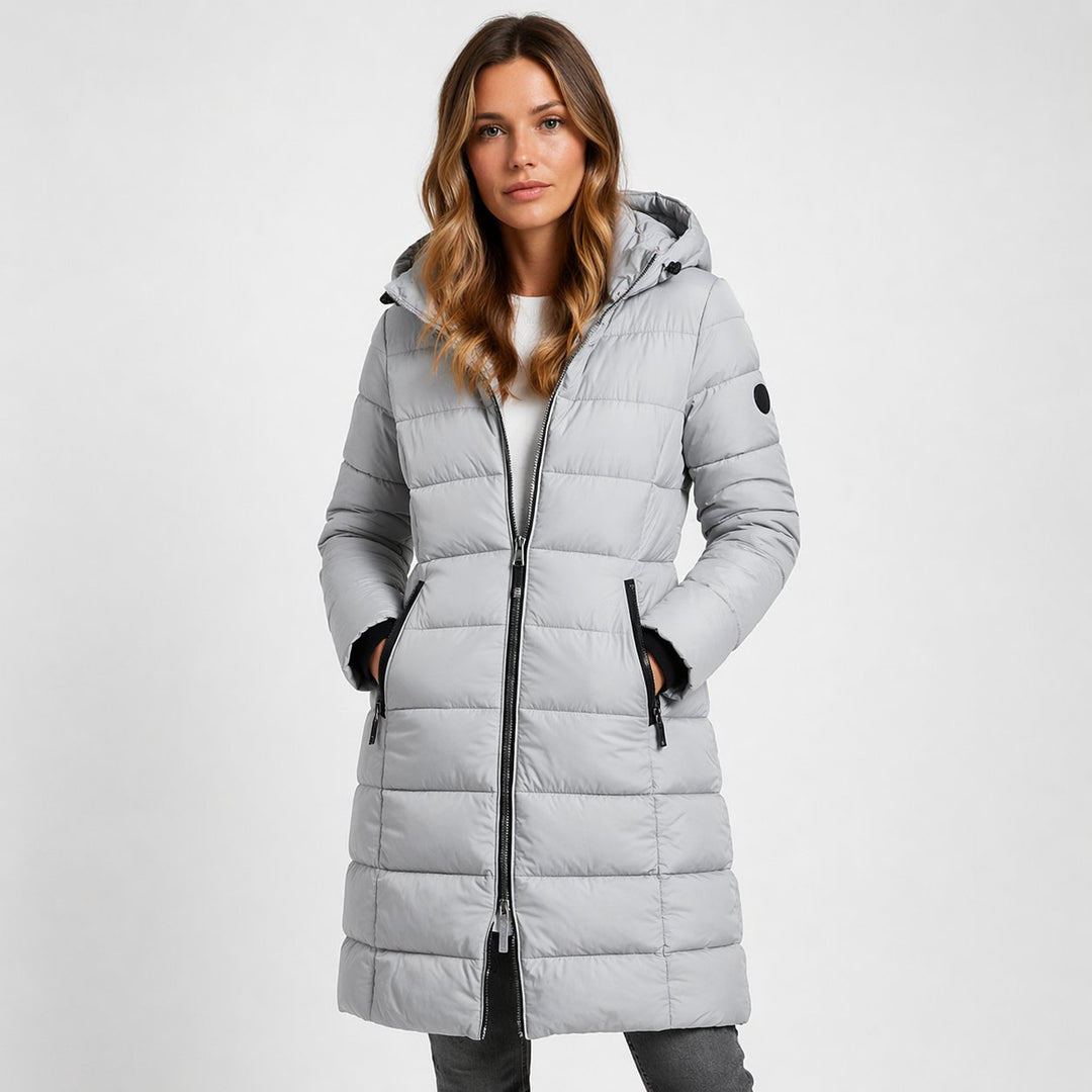 Women's Longline Quilted Hooded Puffer Coat with Zip Front and Hip Pockets