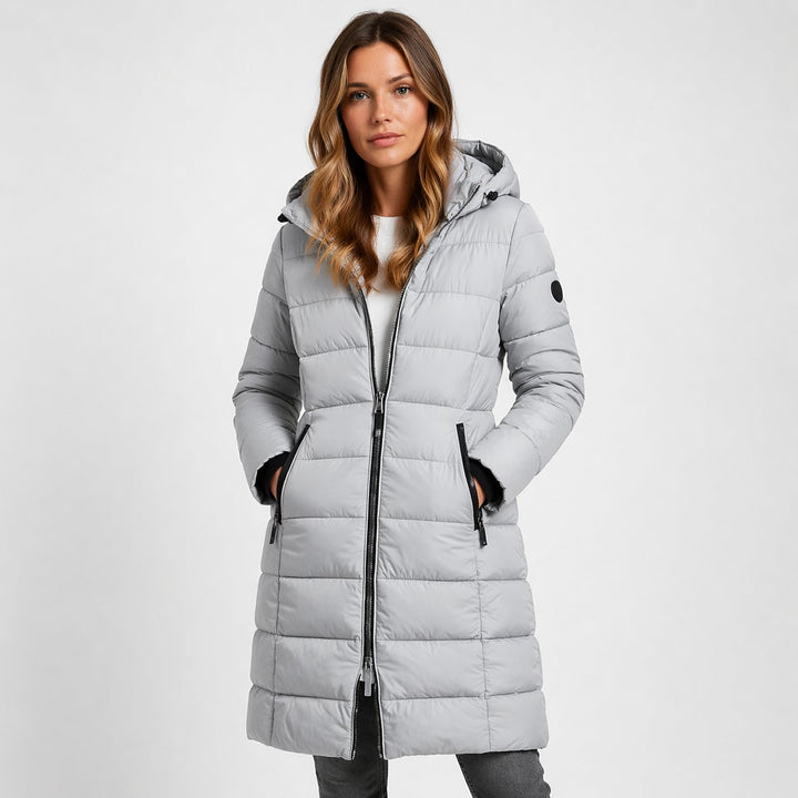 Women's Longline Quilted Hooded Puffer Coat with Zip Front and Hip Pockets