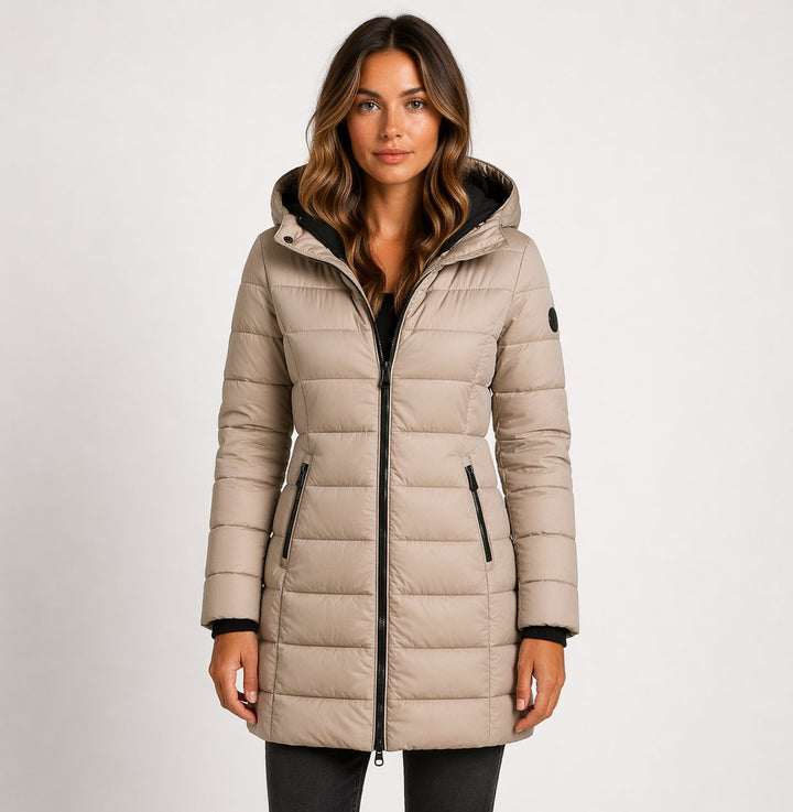 Women's Longline Quilted Hooded Puffer Coat with Zip Front and Hip Pockets