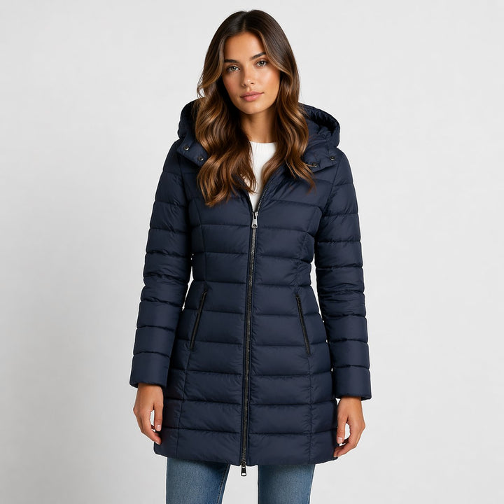 Women's Longline Quilted Hooded Puffer Coat with Zip Front and Hip Pockets