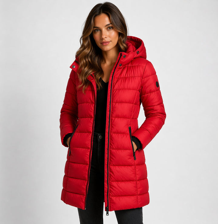 Women's Longline Quilted Hooded Puffer Coat with Zip Front and Hip Pockets