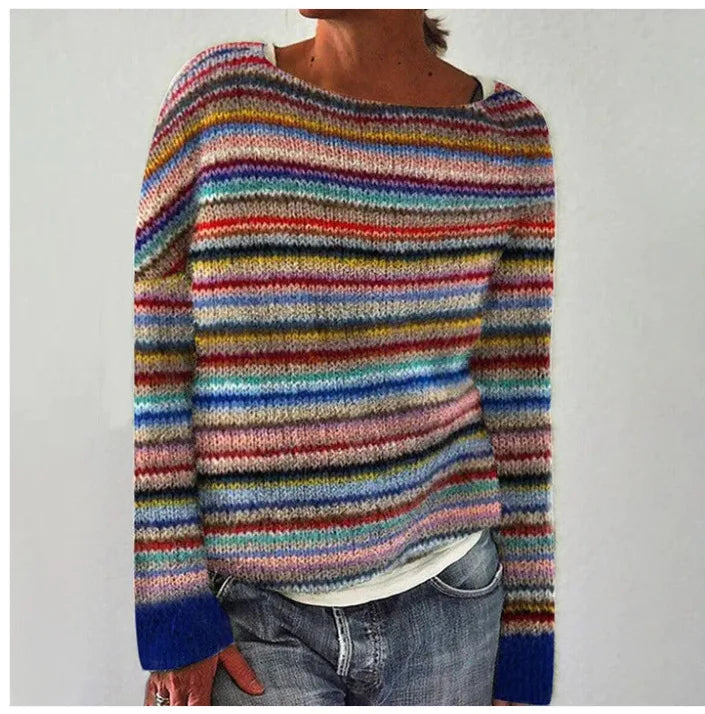 Women's Multicolor Striped Knit Pullover Sweater with Crew Neck