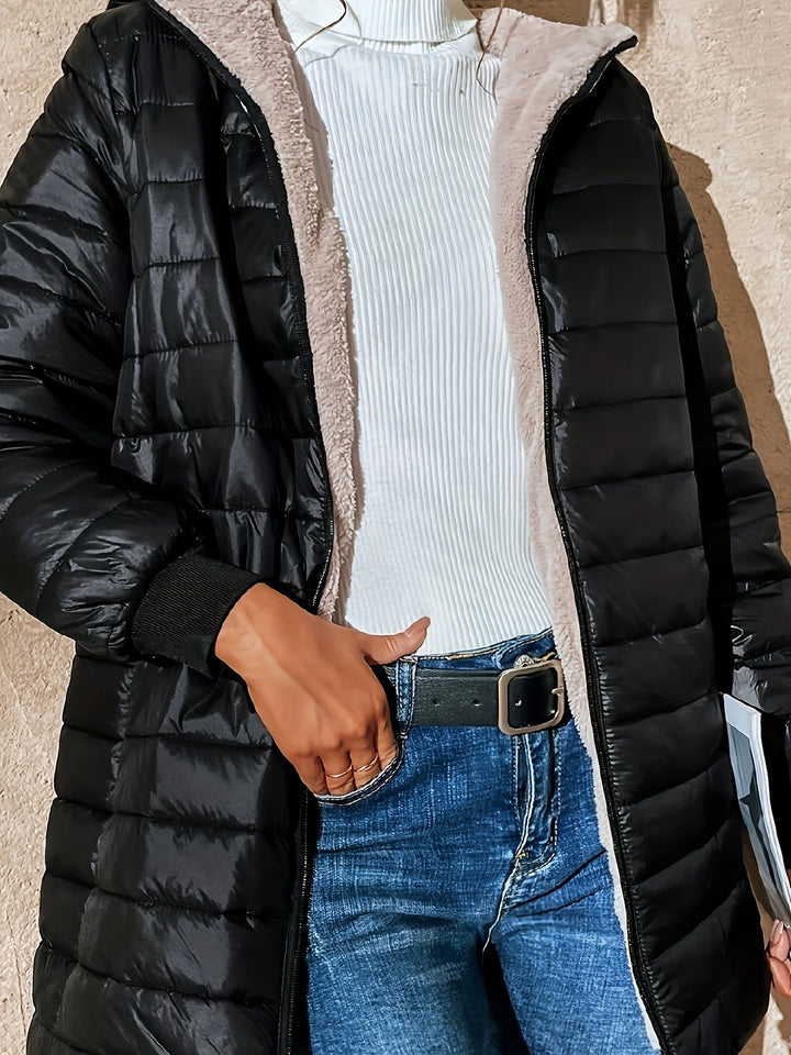 Women's Fleece-Lined Quilted Longline Puffer Coat with Hood
