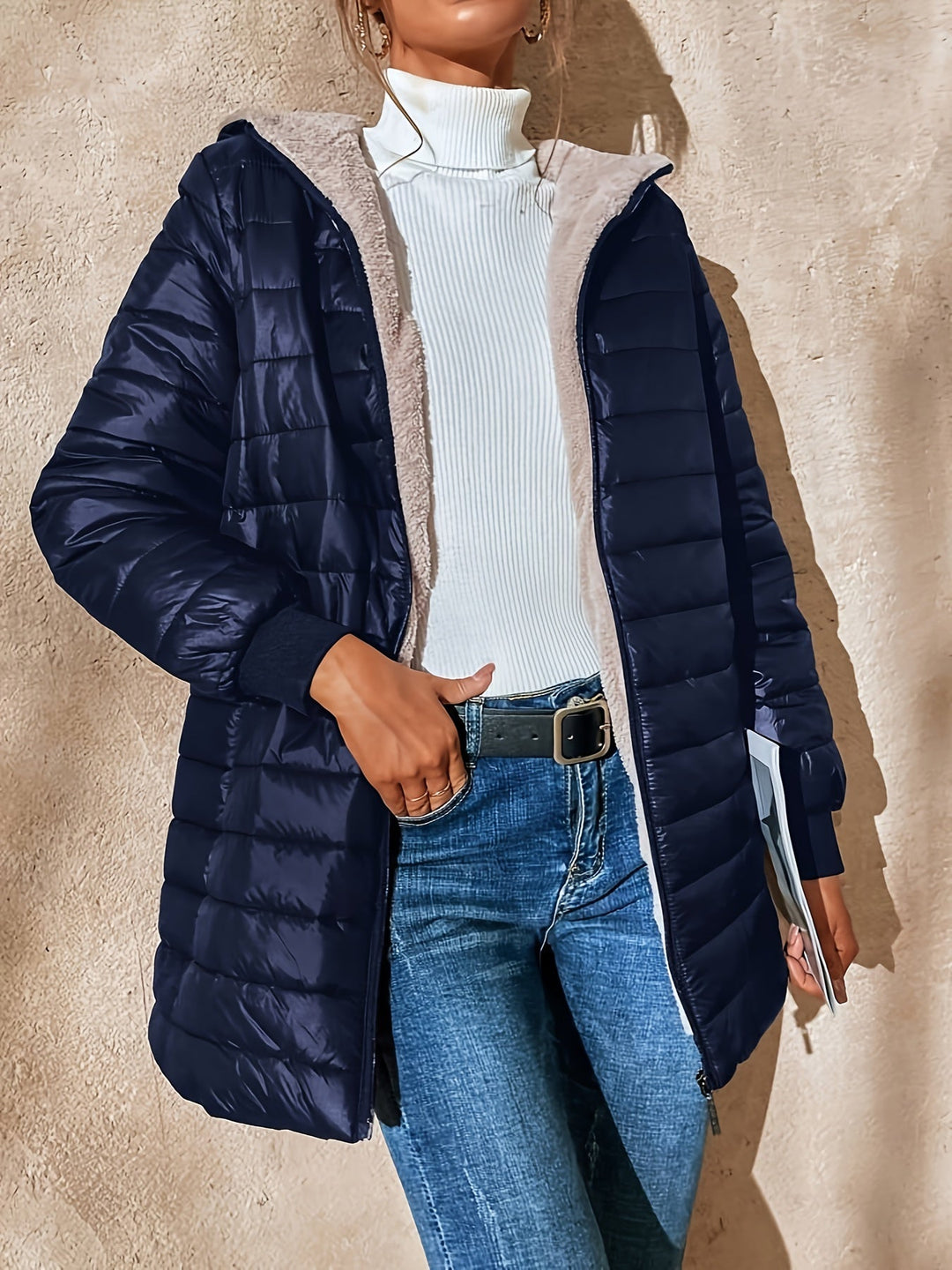 Women's Fleece-Lined Quilted Longline Puffer Coat with Hood
